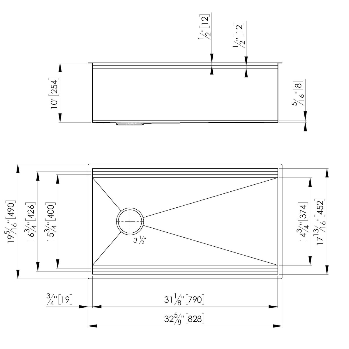Sink Leonardo 33″ x 20" side drain - U/M