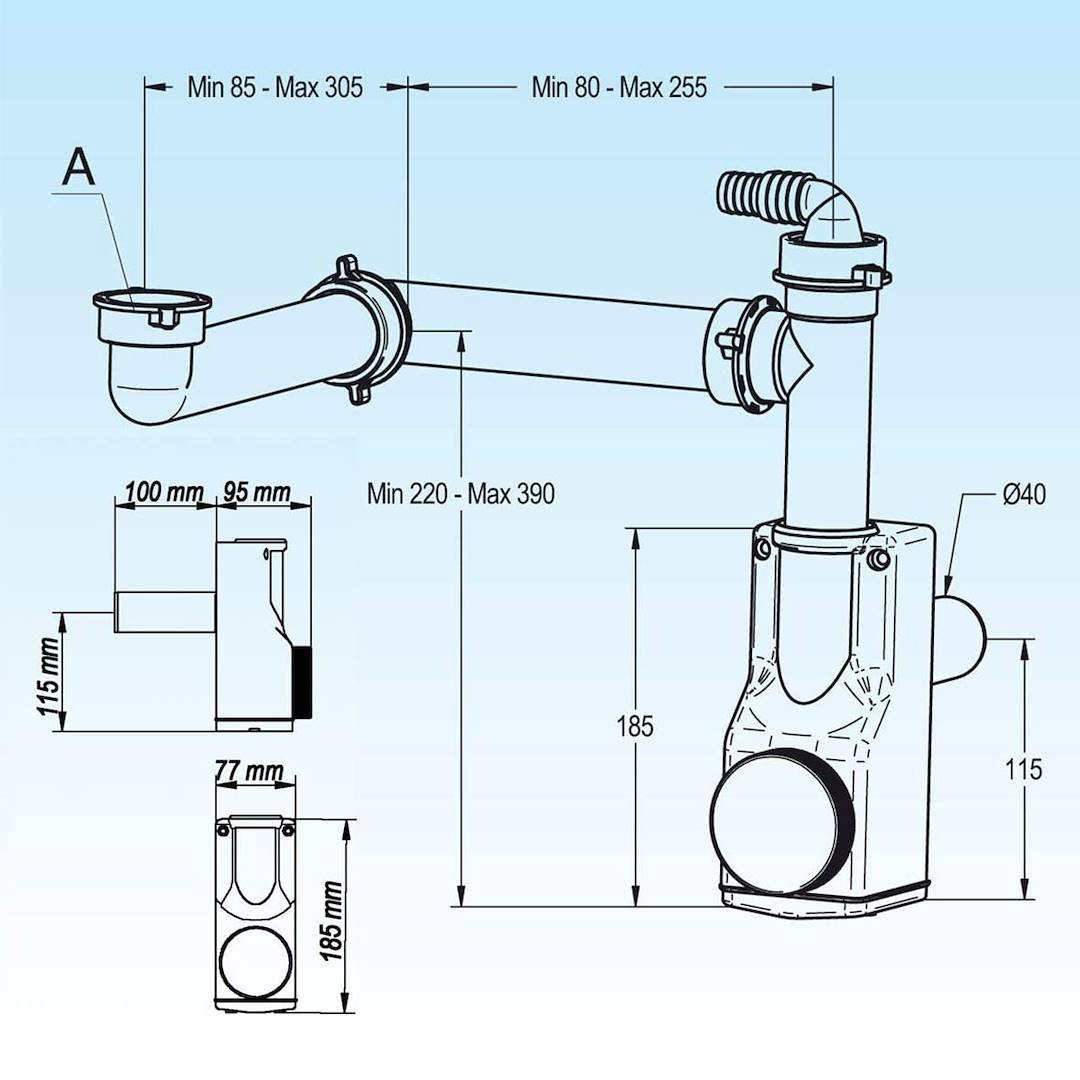 LIRA * 1-way inspectable siphon with dishwasher connection