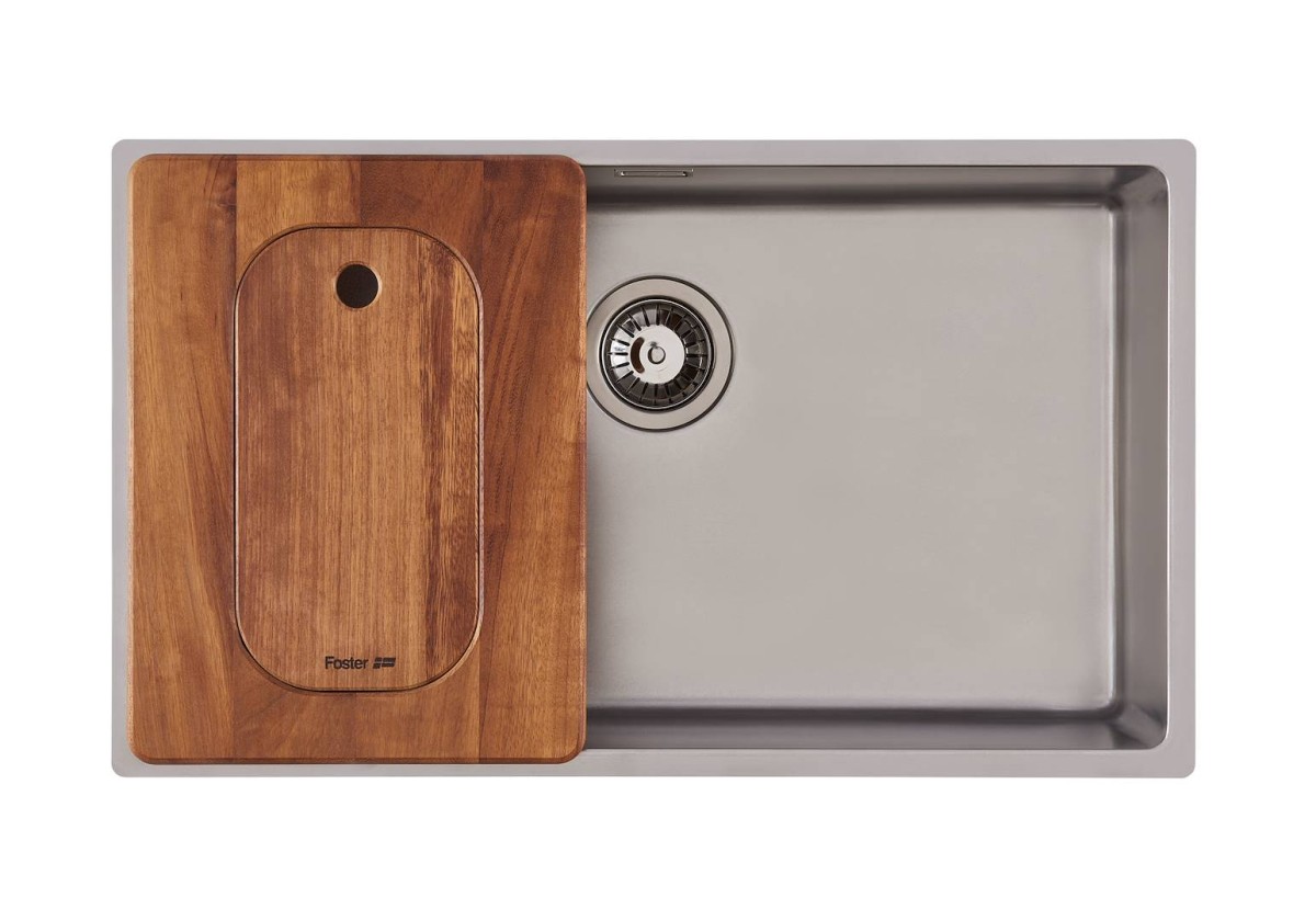 Iroko-wood sliding chopping board with stainless steel colander