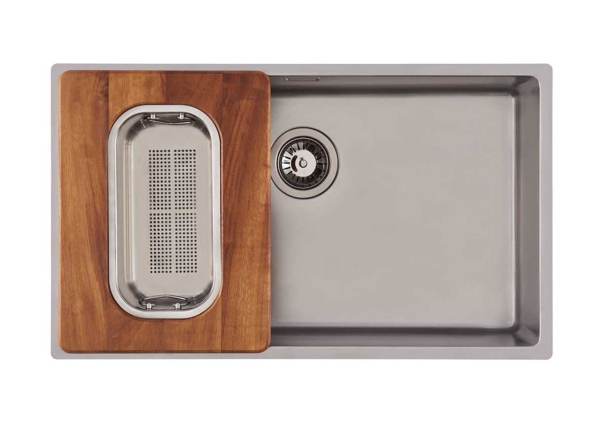 Iroko-wood sliding chopping board with stainless steel colander