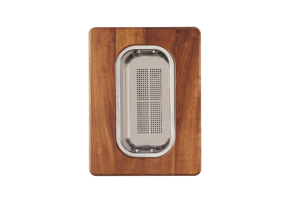 Iroko-wood sliding chopping board with stainless steel colander
